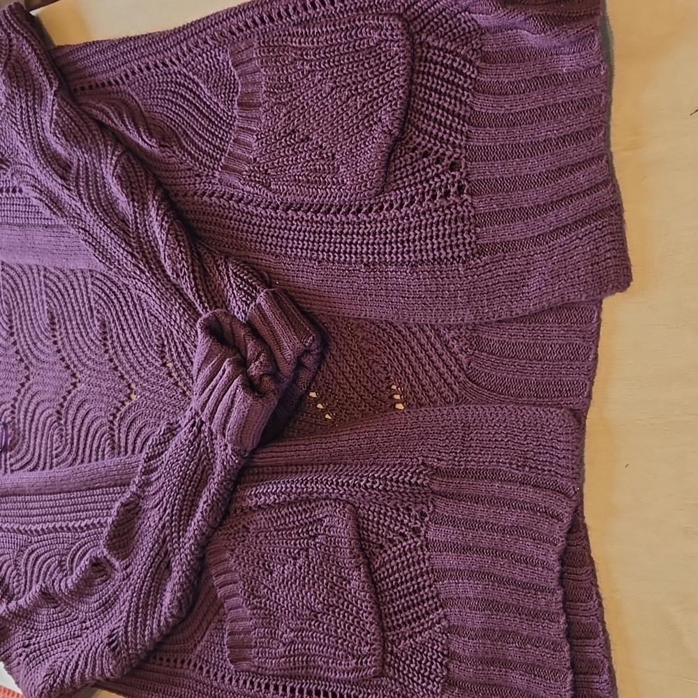 B26 Open Front Cardigan Sweater Pockets Pink Republic Size Md Eggplant Lacy - Picture 3 of 9